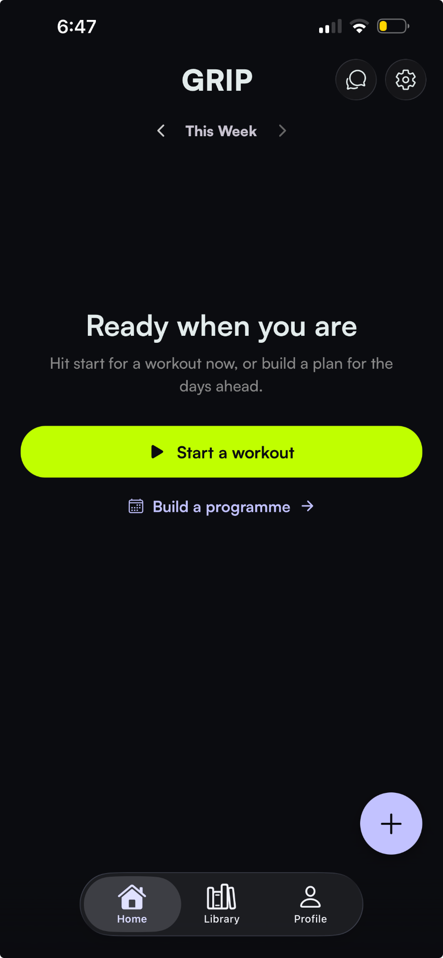 Grip workout tracker home screen on iPhone