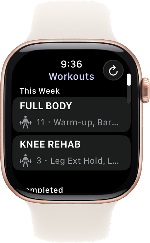 Grip on Apple Watch showing workout list with Full Body and Knee Rehab